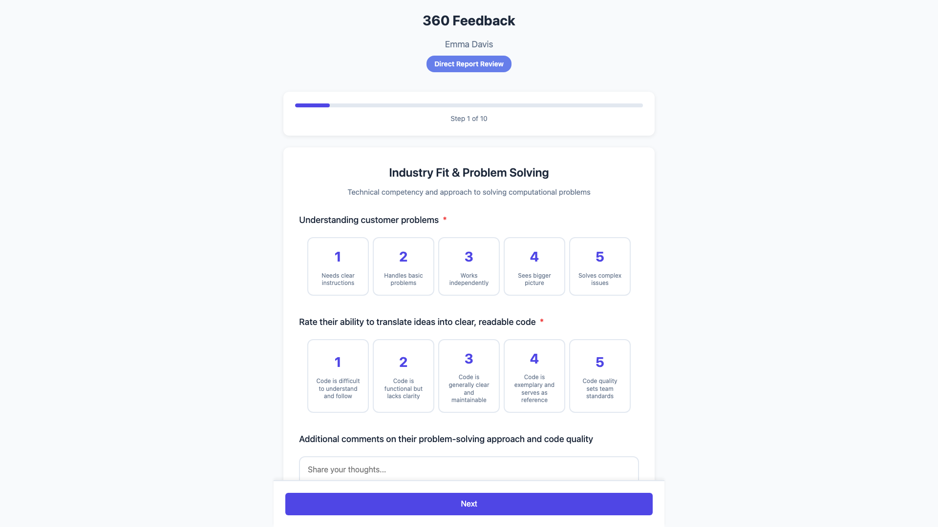 Anonymous 360 feedback form with rating scales and competency questions - peer review interface